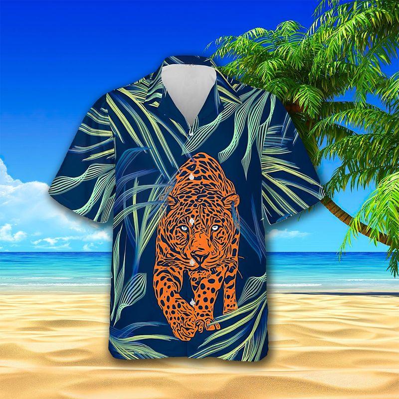 Orange Leopard Aloha Hawaiian Shirts For Summer, Tropical Leaf Pattern Wildlife Animal Hawaiian Set For Men Women, Gift For Leopard Lovers, Friend - Image 2