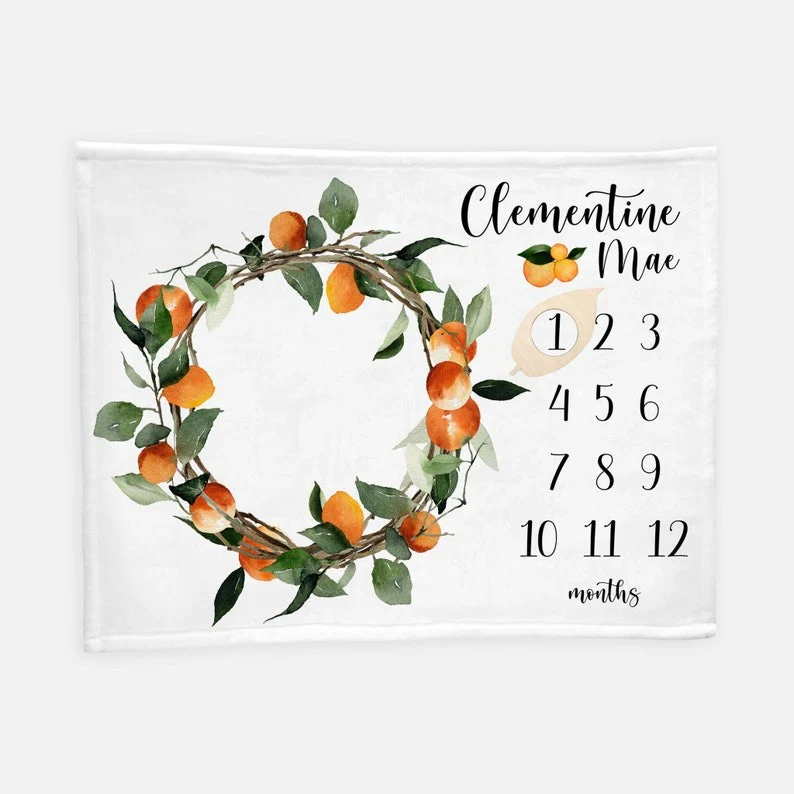 Orange Wreath Baby Milestone Blanket With Customized Name For Baby Girl Nursery, Daughter, Granddaughter, Newborn Gifts