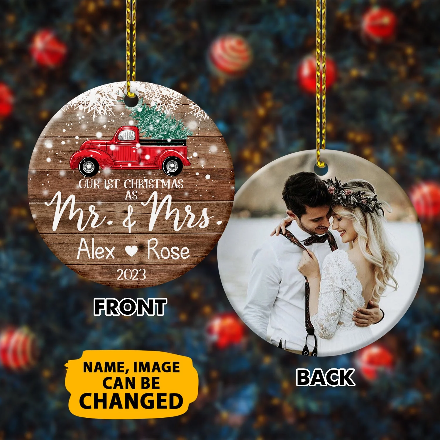 Our 1st Christmas Ornaments Customized Name And Photo Double Sided Printed Ceramic Circle Ornament For New Married Couple - Image 2