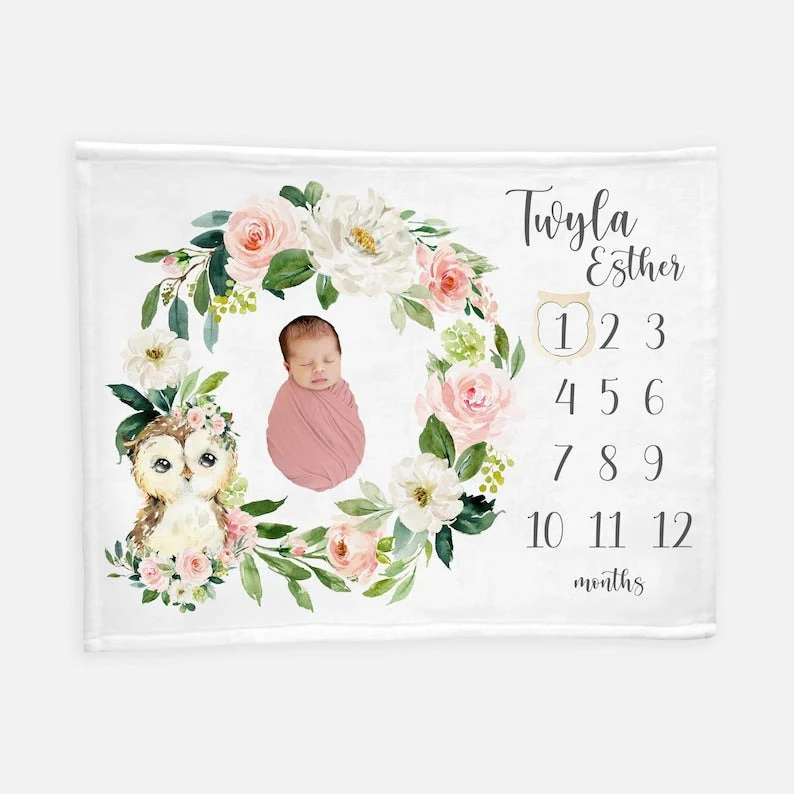 Owl Floral Wreath Baby Milestone Blanket With Customized Name For Baby Girl Nursery, Daughter, Granddaughter, Month Gifts