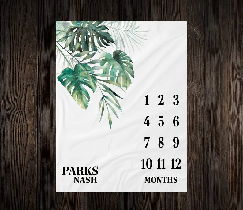 Palm Greenery Baby Milestone Blanket With Customized Name For Baby Boy Girl Nursery, Son, Grandson, Daughter, Granddaughter, Month Gifts