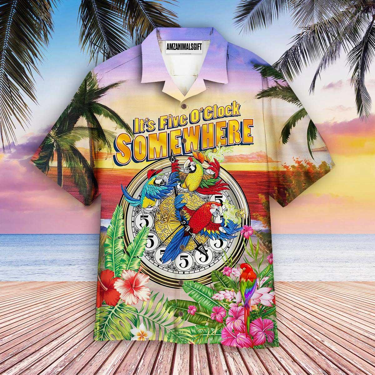 Parrot Aloha Hawaiian Shirt, Clock Hawaiian Shirt, Parrot It’s 5 O’clock Somewhere Hawaiian Shirt For Men & Women, Parrot Lover