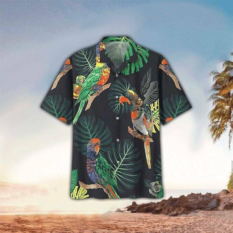 Parrot Aloha Hawaiian Shirt - Colorful Parrot Hawaiian Shirt, Black Tropical Leaves Backgruoud Hawaiian Shirt For Men & Women, Parrot Lover