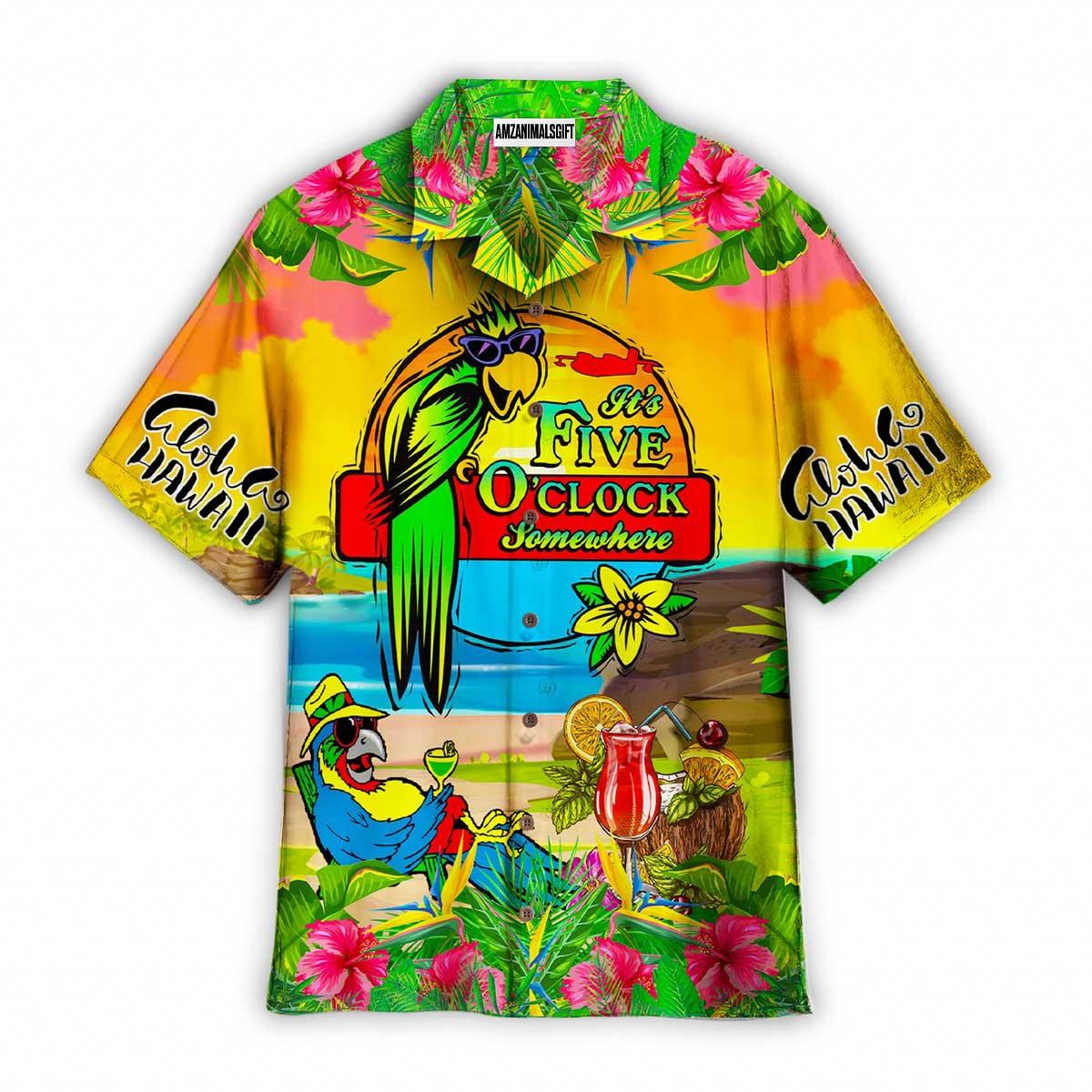 Parrot Aloha Hawaiian Shirt, Parrot Sunbathing Hawaiian Shirt, It’s Five O’clock Somewhere Parrots Hawaiian Shirt For Men & Women, Parrot Lover