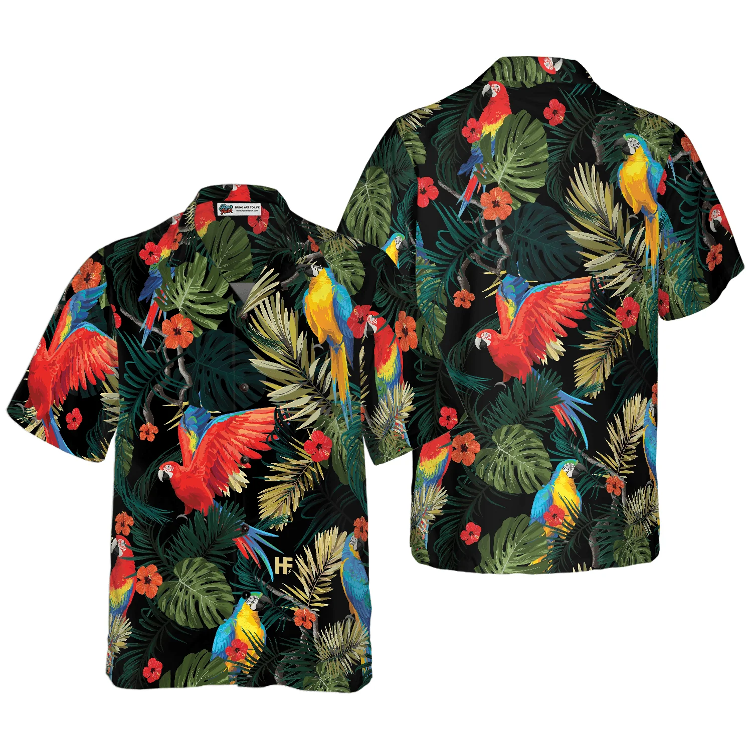 Parrots Hawaiian Shirt, Parrots Dark Tropical Pattern Hawaiian Shirt, Colorful Summer Aloha Shirts For Men Women, Gift For Husband, Wife, Friend