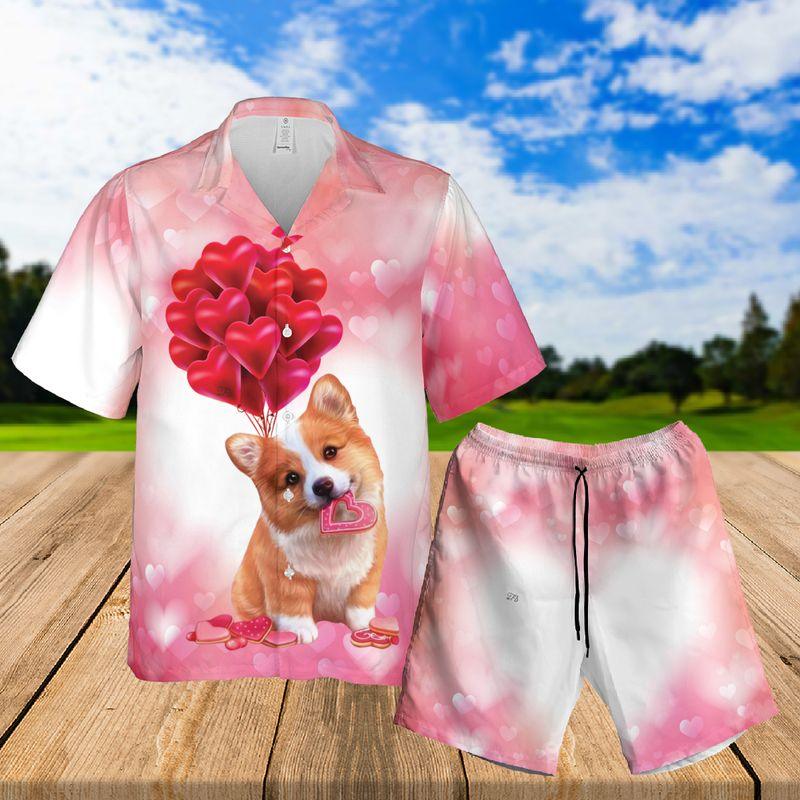 Pembroke Welsh Corgi Puppy Aloha Hawaiian Shirts For Summer, My Valentine Has Paws Hawaiian Set For Men Women, Valentine Gift For Couple, Dog Lovers
