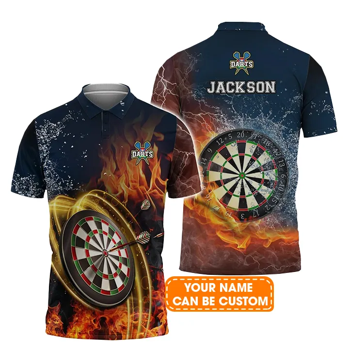 Personalised Darts Polo Shirts, Darts On Fire Polo Shirt, Water And Fire Custom Name Men Polo Shirts - Perfect Gift For Men, Darts Player, Dart Lovers - Image 2