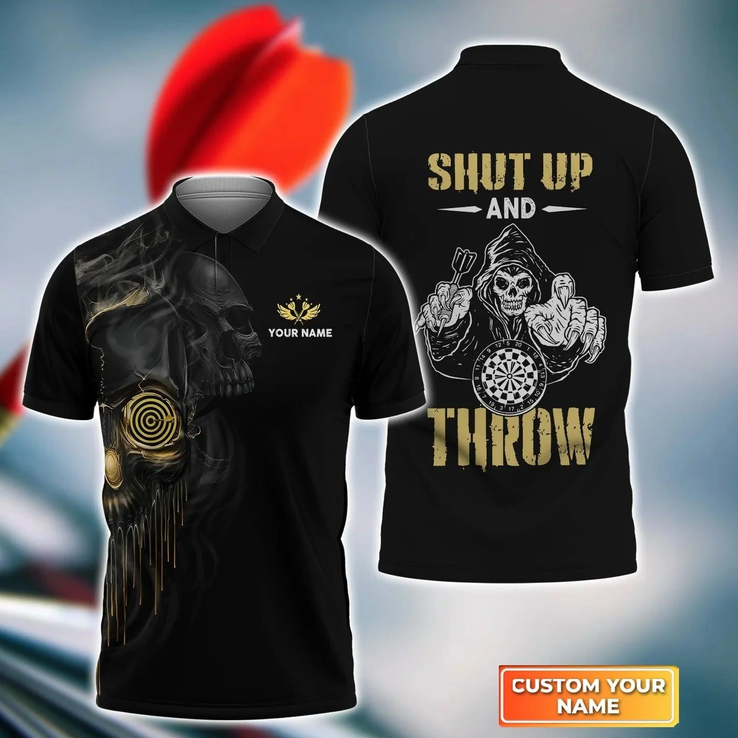 Personalised Darts Polo Shirts , Darts Skull Polo Shirt, Shut Up and Throw Custom Name Men Polo Shirt- Perfect Gift For Men, Darts Player, Dart Lovers