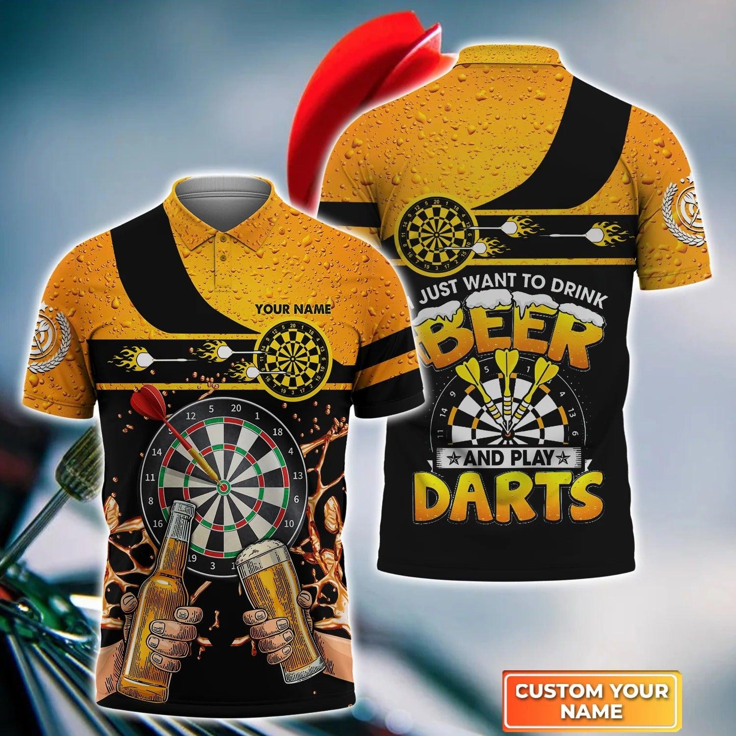 Personalised Darts Polo Shirts, Just Want To Drink Beer And Play Darts Custom Name Men Polo Shirts - Perfect Gift For Men, Darts Player, Dart Lovers