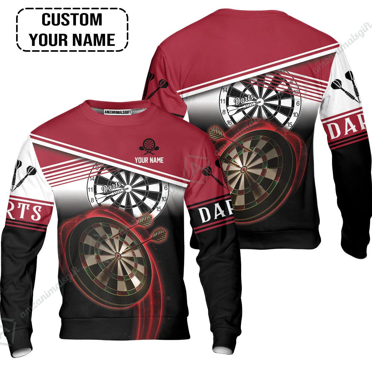 Personalised Darts T-Shirt, Darts Red Black & White Background Custom Name T-Shirt - Image 5