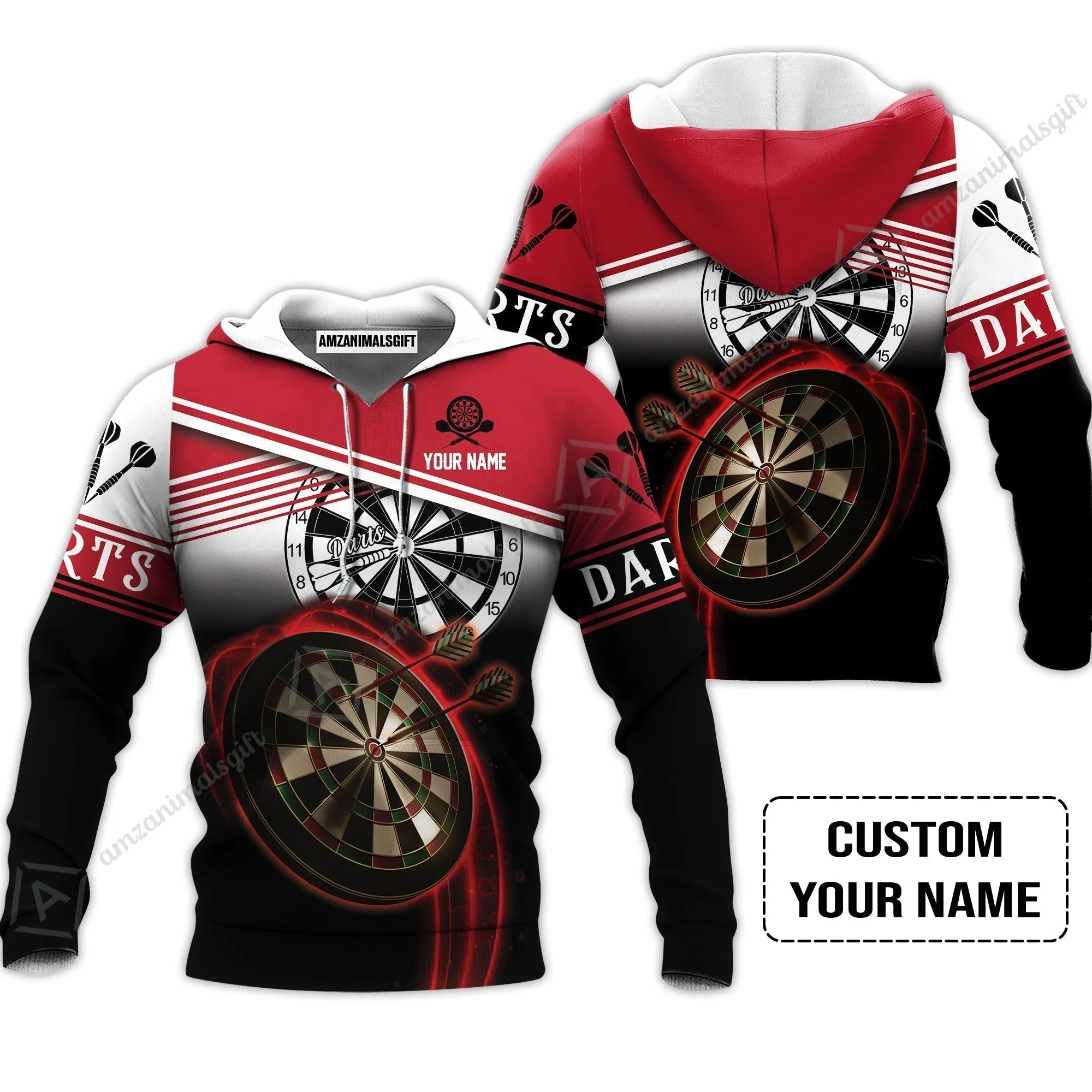 Personalised Darts T-Shirt, Darts Red Black & White Background Custom Name T-Shirt - Image 6