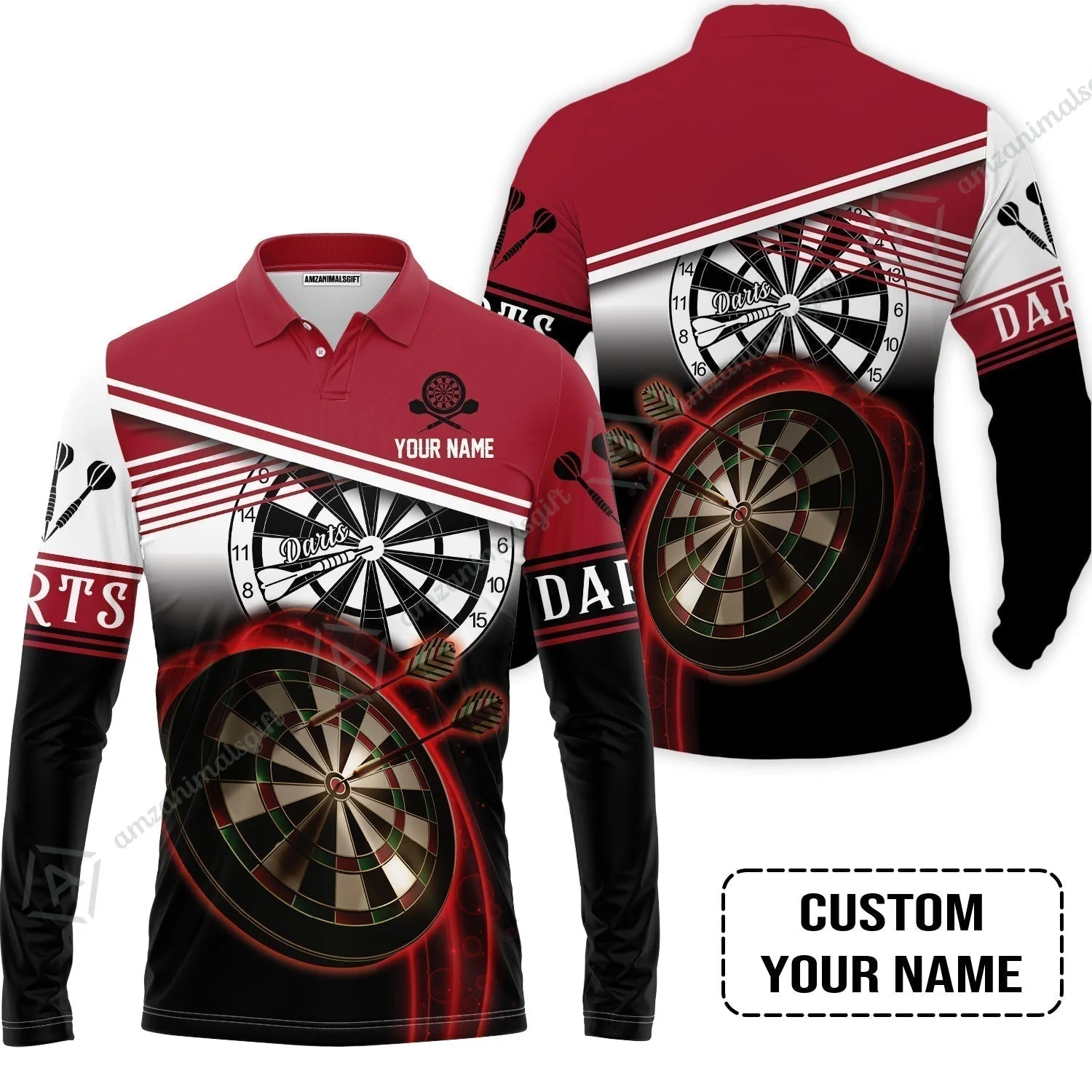 Personalised Darts T-Shirt, Darts Red Black & White Background Custom Name T-Shirt - Image 8