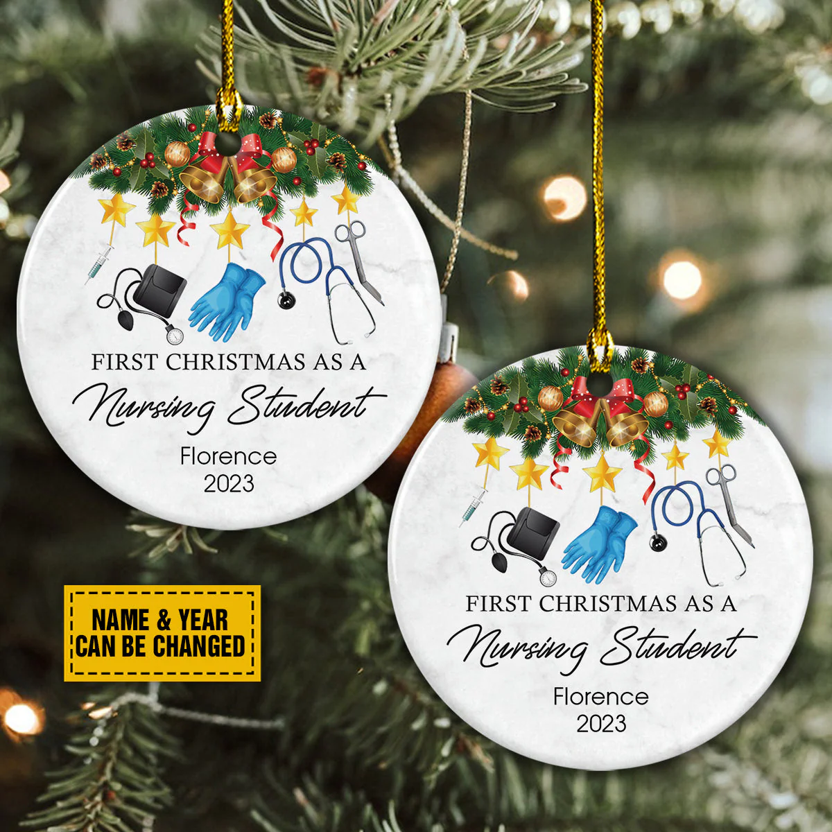 Personalize Ceramic Christmas Ornament - Custom First Christmas As A Nursing Student Circle Ceramic Ornament, Perfect Gift For Christmas - Image 2