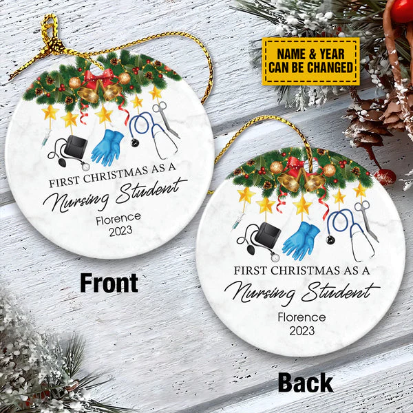 Personalize Ceramic Christmas Ornament - Custom First Christmas As A Nursing Student Circle Ceramic Ornament, Perfect Gift For Christmas - Image 3