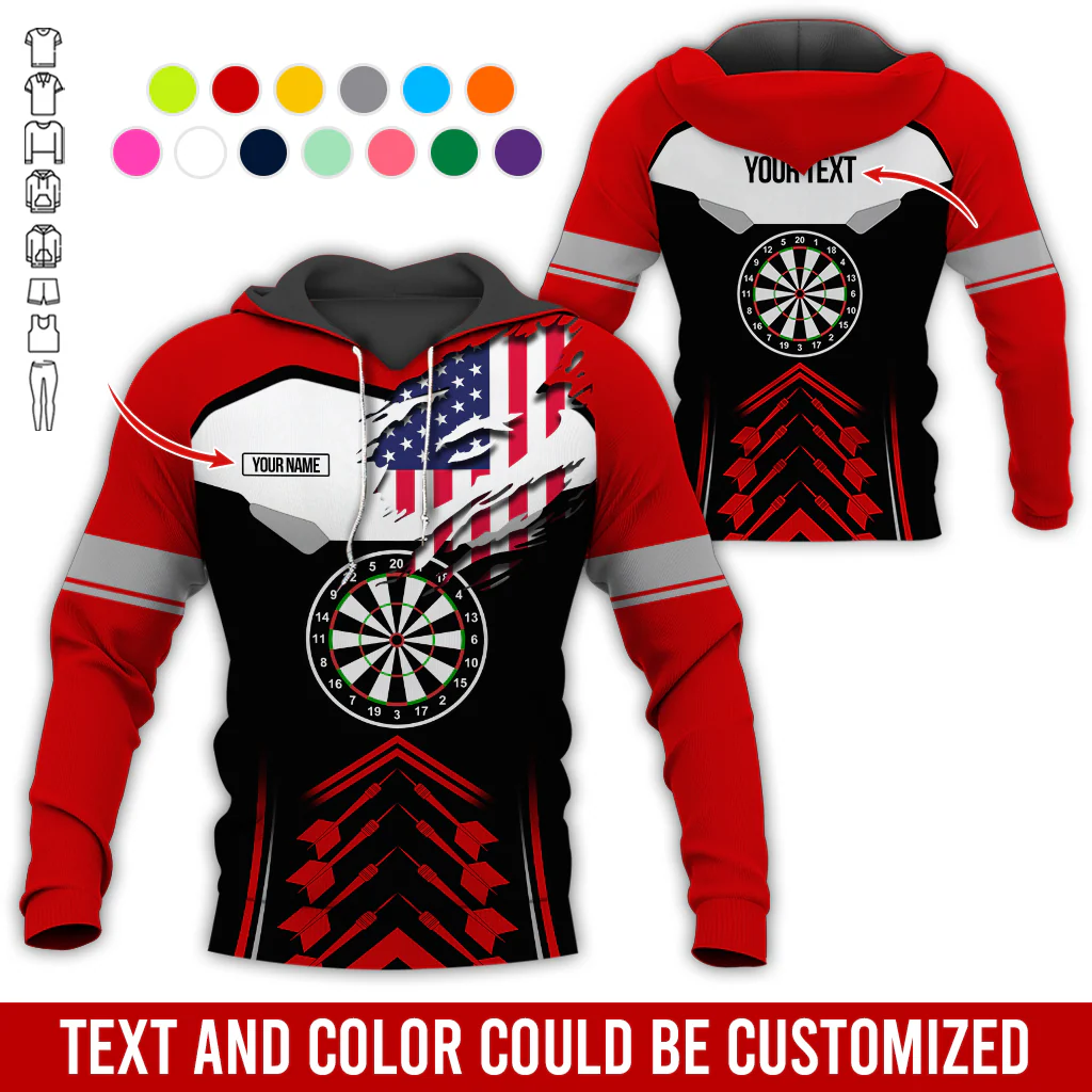 Personalized American Flag Darts Premium Hoodie, Customized Name & Text Darts Black & White Hoodie, Perfect Gift For Darts Lovers, Darts Player - Image 3
