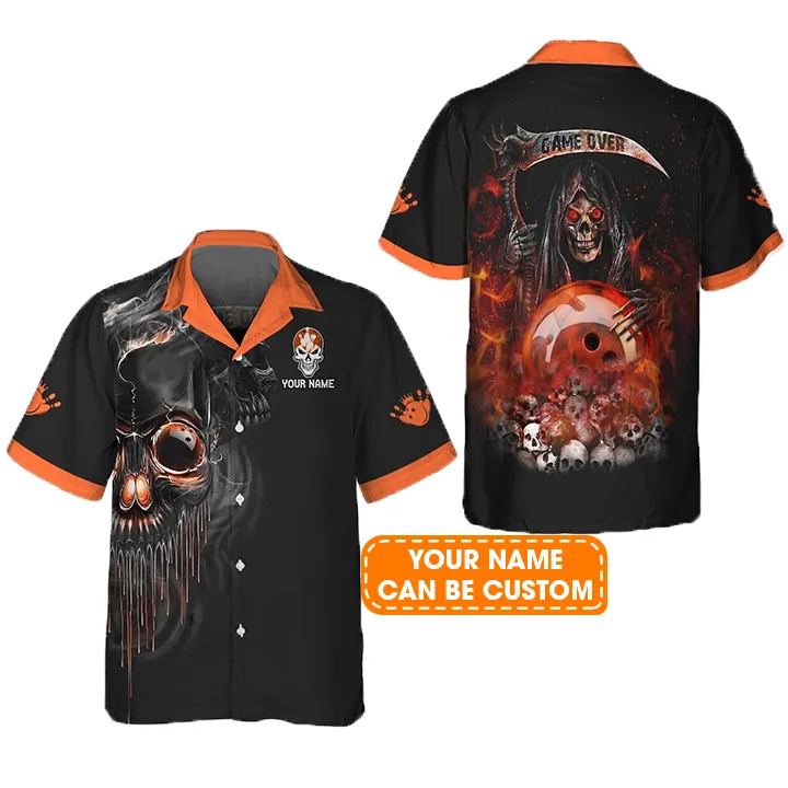 Personalized Bowling Aloha Hawaiian Shirt - Death Hawaiian Shirt, Orange Grim Reaper Bowling Hawaiian Shirt For Men & Women, Bowling Lover - Image 2