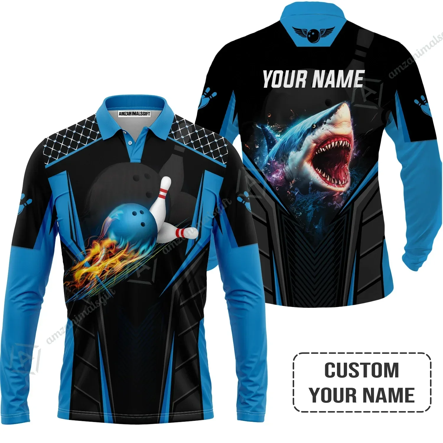 Personalized Bowling Hoodie, Shark Team Blue Bowling Ball Customized Shirt For Friend, Family, Bowling Players - Image 3