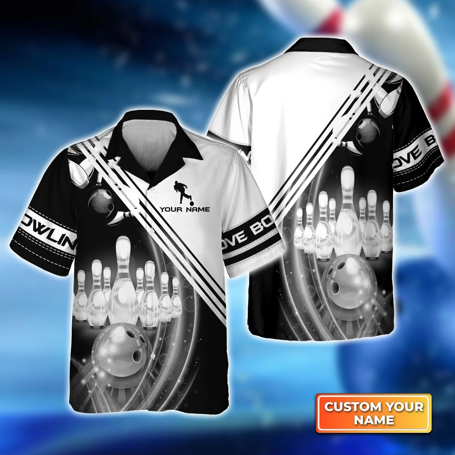Personalized Bowling Jersey, Black And White Bowling The Pins And Ball Customized Shirt For Friend, Family, Bowling Lovers - Image 4