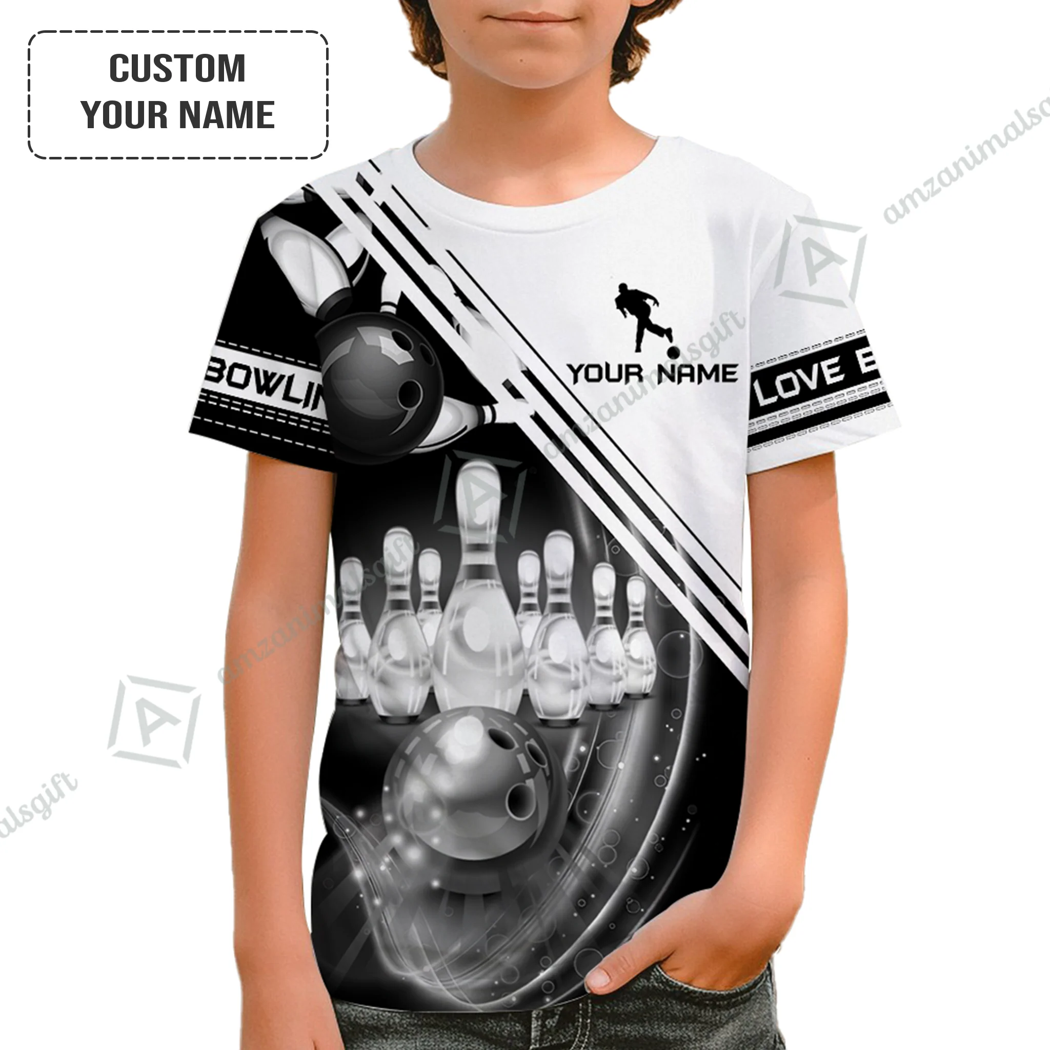 Personalized Bowling Kid Youth T-Shirt, Black And White Bowling The Pins And Ball Children's Shirt For Son, Daughter, Family - Image 2