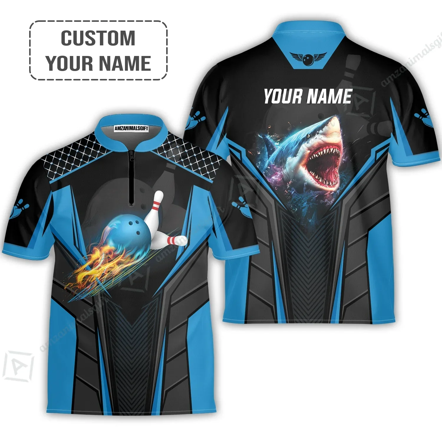 Personalized Bowling Long Sleeve Polo Shirt, Shark Team Blue Bowling Ball Customized Shirt For Friend, Family, Bowling Players - Image 3