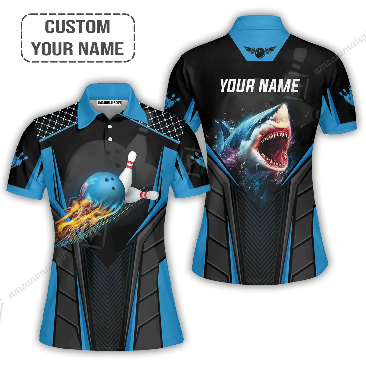 Personalized Bowling Long Sleeve Polo Shirt, Shark Team Blue Bowling Ball Customized Shirt For Friend, Family, Bowling Players - Image 4