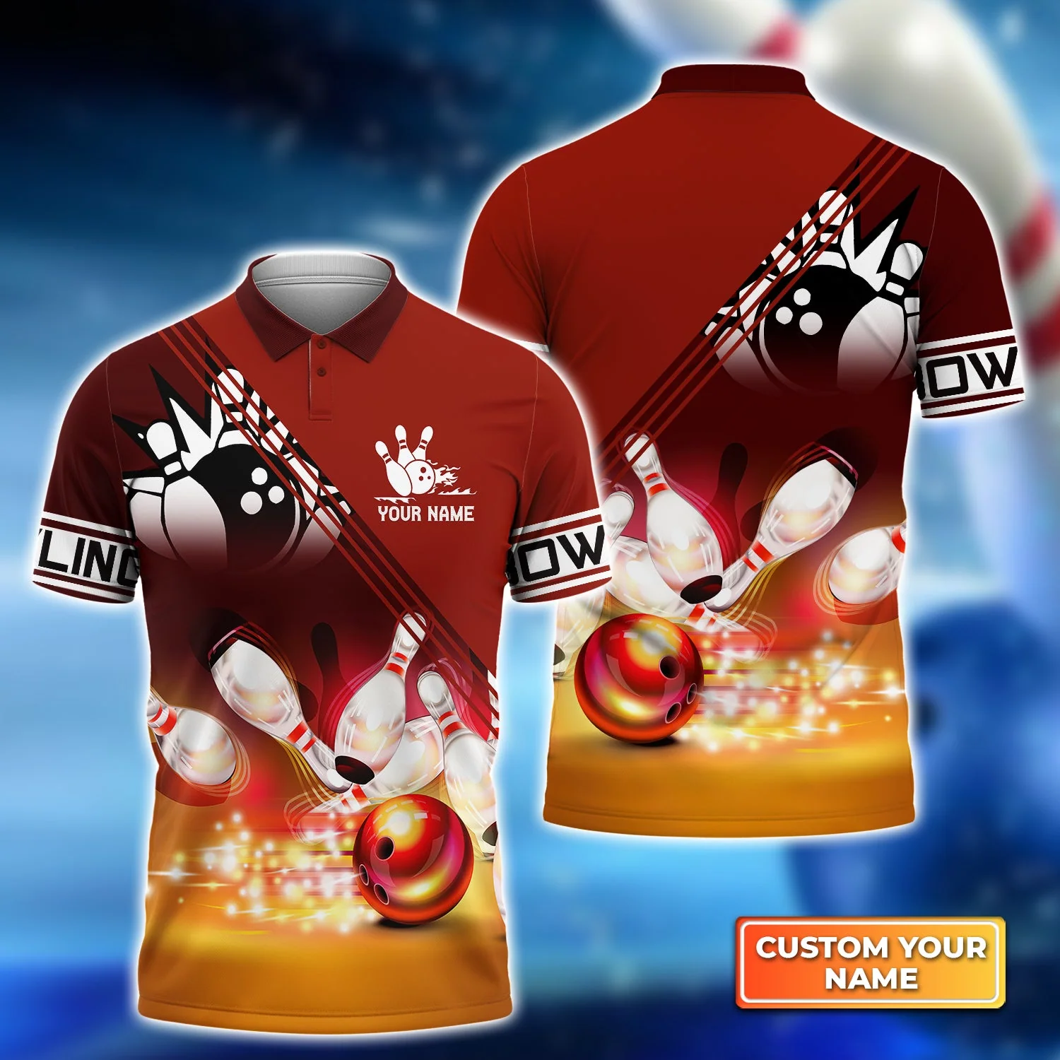 Personalized Bowling Polo Shirt - Custom Name Red Bowling Ball Crashing into the Pins Polo Shirt For Bowling Lover - Image 2