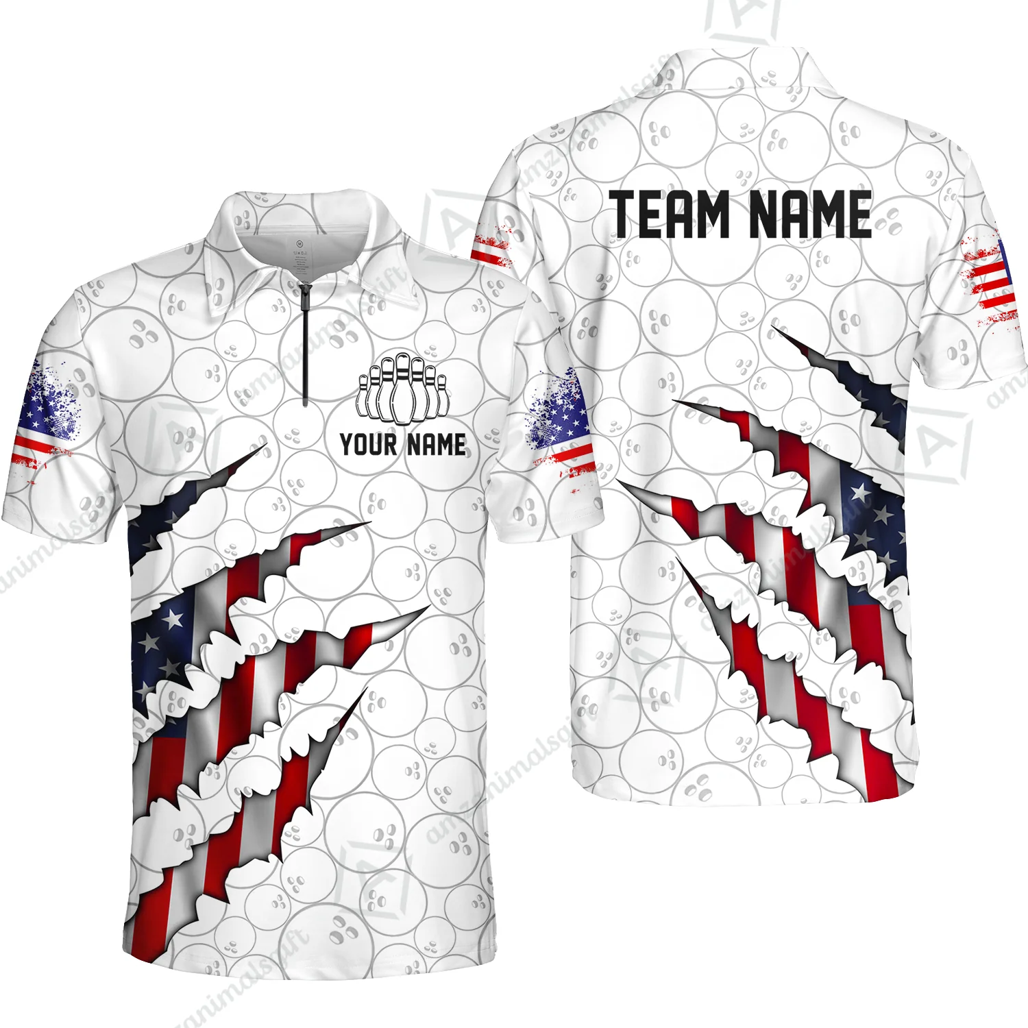Personalized Bowling Quarter-Zip Jersey Shirt, Bowling American Flag Scratches Shirt For Patriotic Team Men Women Bowlers - Image 2