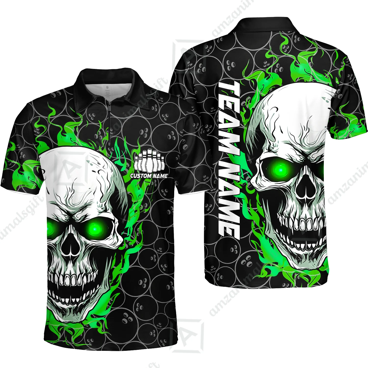 Personalized Bowling Unisex Polo Shirt, Green Flaming Skull Shirt For For Team Men Women Bowlers - Image 13