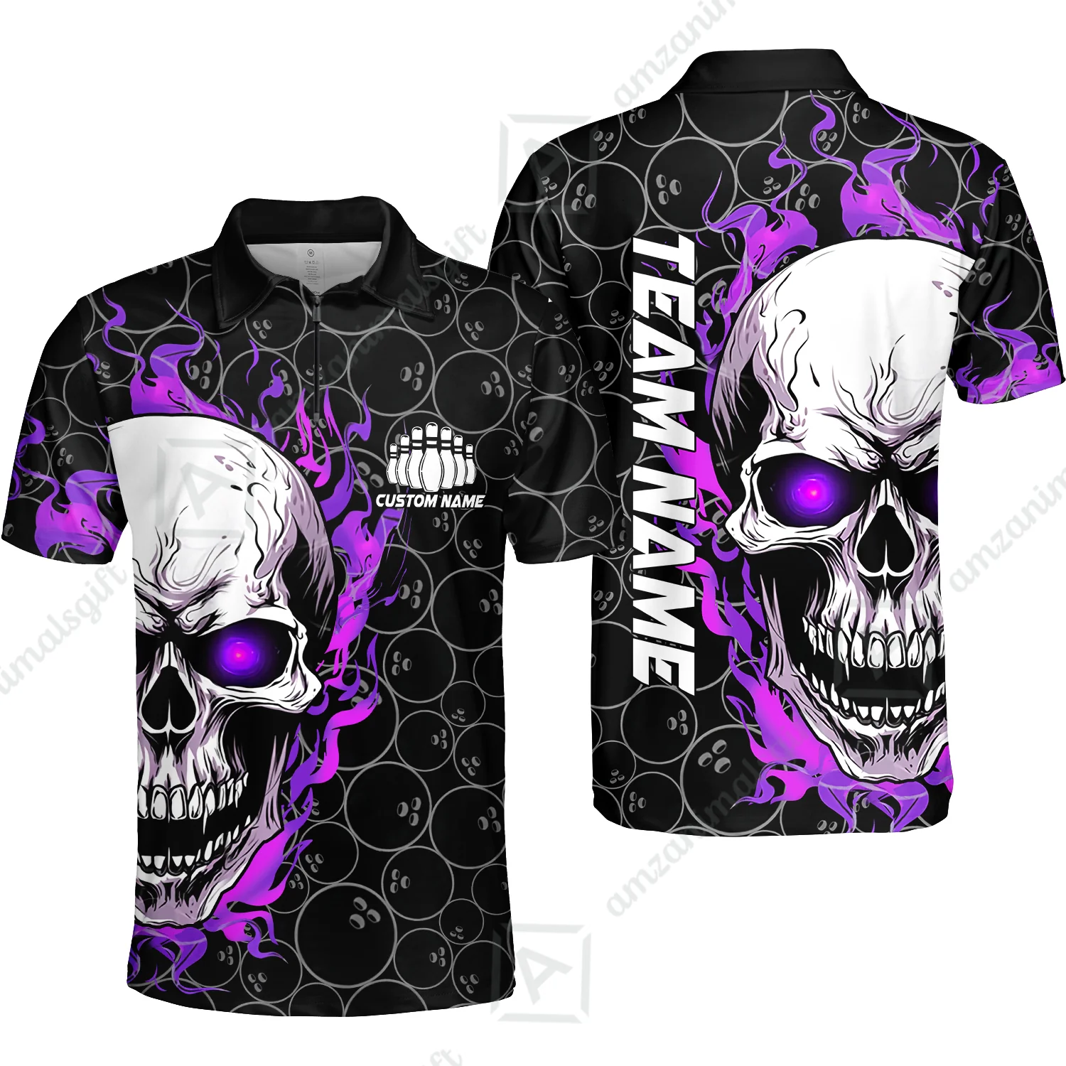 Personalized Bowling Unisex Polo Shirt, Green Flaming Skull Shirt For For Team Men Women Bowlers - Image 15