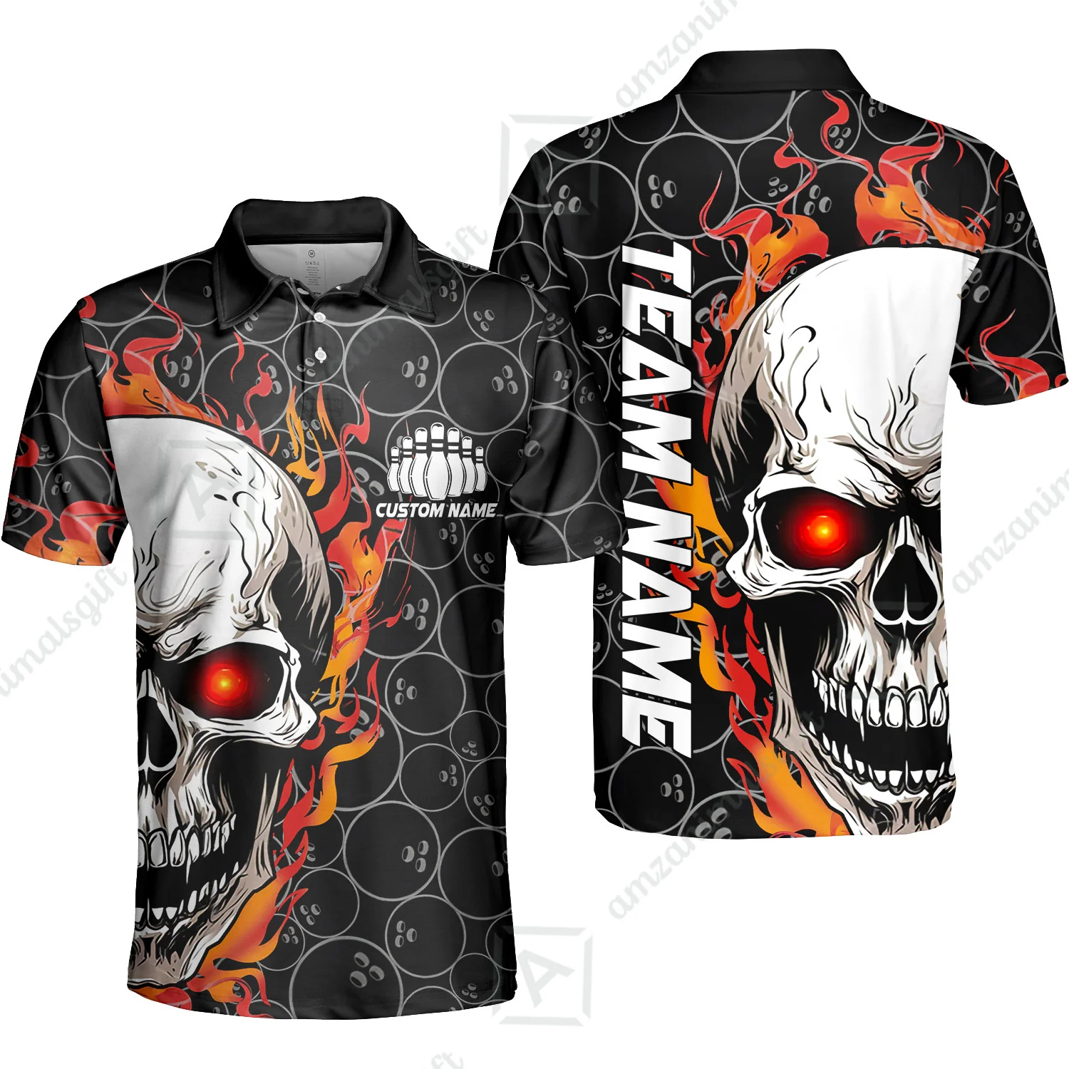 Personalized Bowling Unisex Polo Shirt, Green Flaming Skull Shirt For For Team Men Women Bowlers - Image 20
