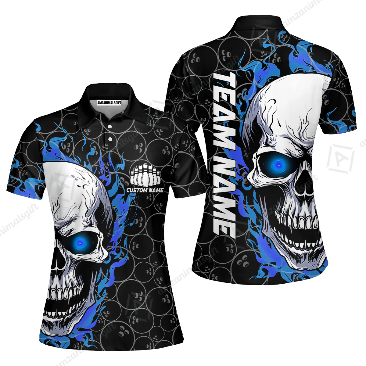 Personalized Bowling Unisex Polo Shirt, Green Flaming Skull Shirt For For Team Men Women Bowlers - Image 22
