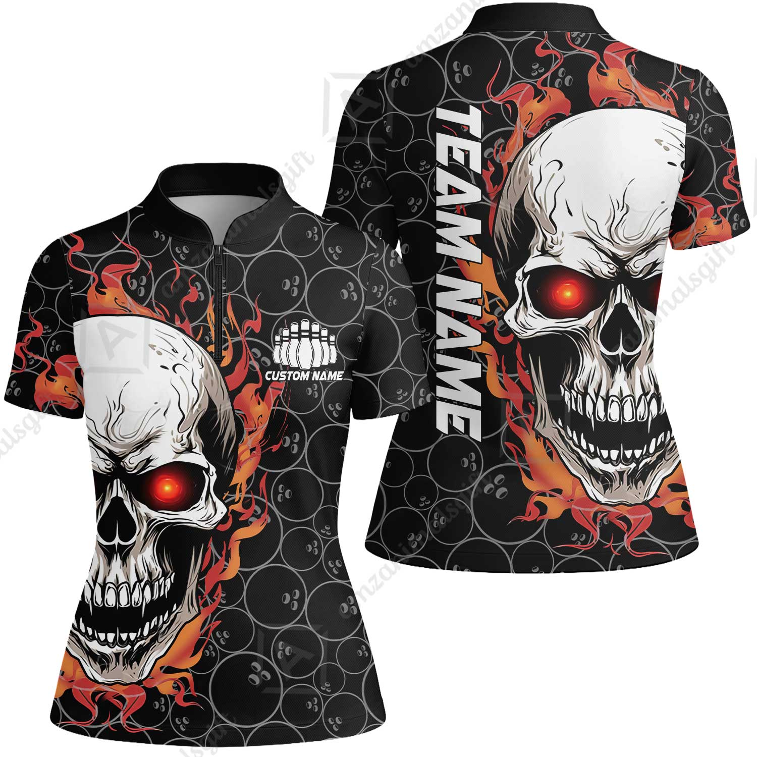 Personalized Bowling Unisex Polo Shirt, Green Flaming Skull Shirt For For Team Men Women Bowlers - Image 28