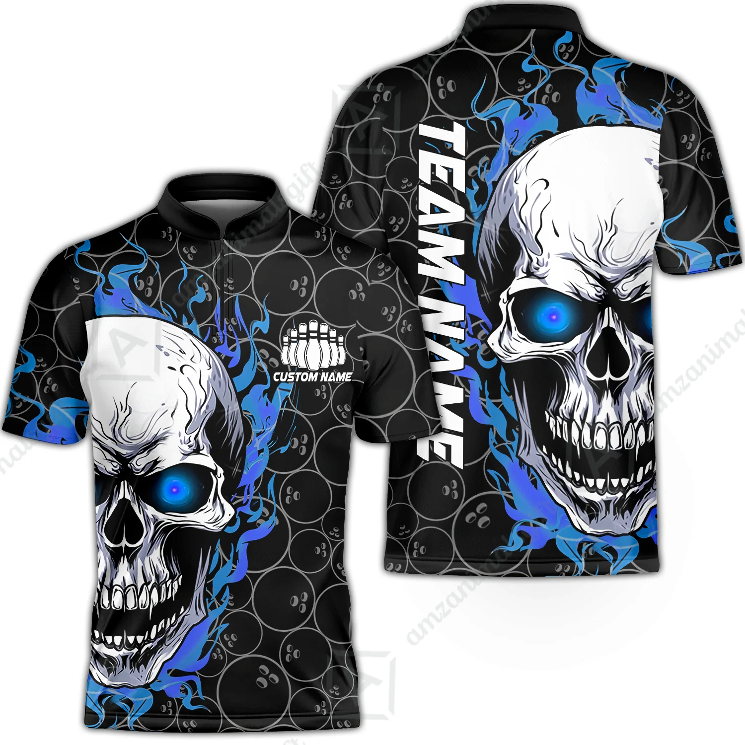 Personalized Bowling Unisex Polo Shirt, Green Flaming Skull Shirt For For Team Men Women Bowlers - Image 57