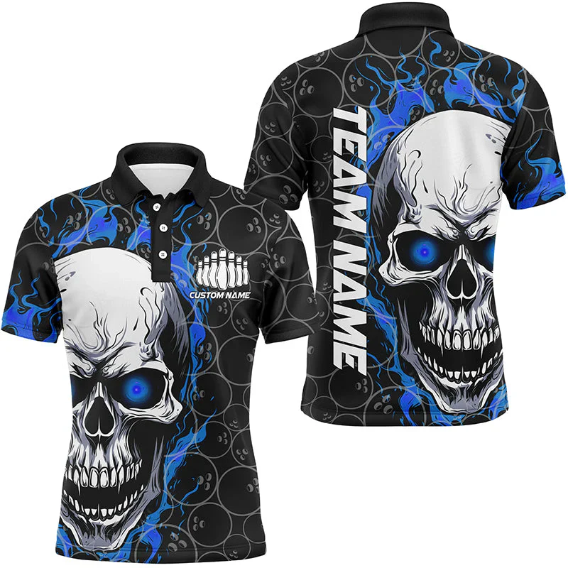 Personalized Bowling Unisex Polo Shirt, Green Flaming Skull Shirt For For Team Men Women Bowlers - Image 6