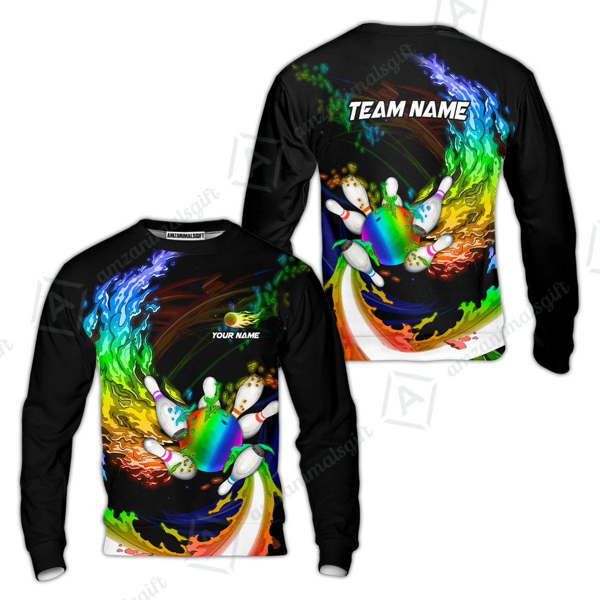 Personalized Bowling Sweatshirt Breath Of Flaming Bowling Ball And Pins Multicolor Custom Name, Team Name For Bowlers - Image 3