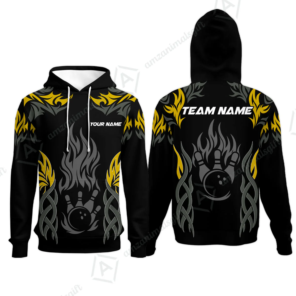 Personalized Bowling Team Hoodie, Tribal And Bowling Flame Multi Option Customized Polo Shirt - Black - Image 2