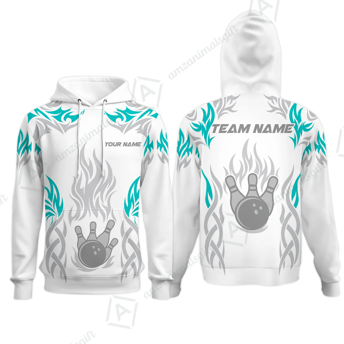 Personalized Bowling Team Hoodie, Tribal And Bowling Flame Multi Option Customized Polo Shirt - White - Image 5