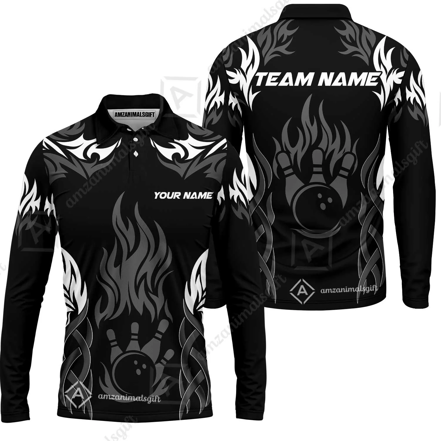 Personalized Bowling Team Long Sleeve Polo Shirt , Tribal And Bowling Flame Multi Option Customized Shirt - Black - Image 6