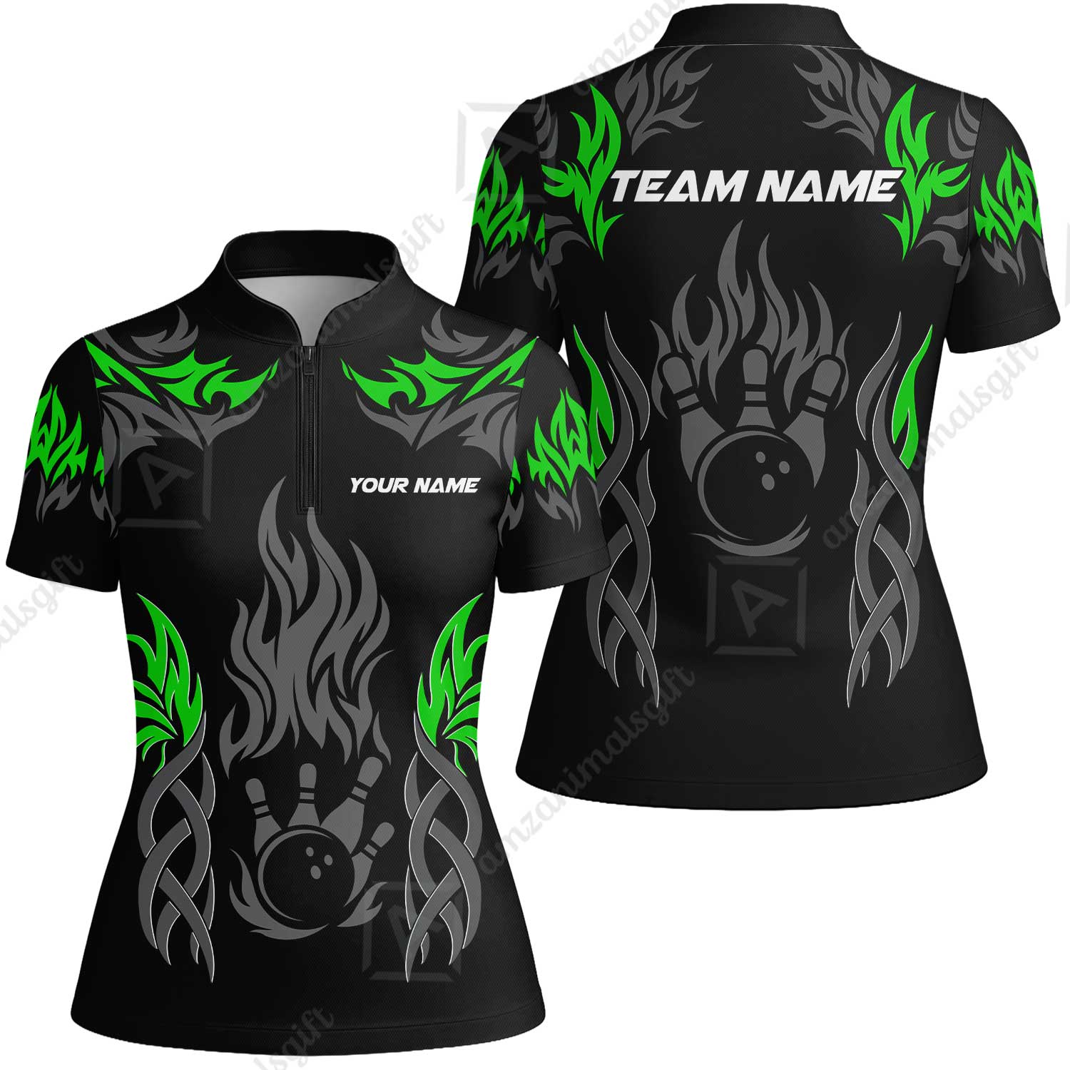 Personalized Bowling Team Women Jersey Shirt, Tribal And Bowling Flame Multi Option Customized Polo Shirt - Black - Image 2