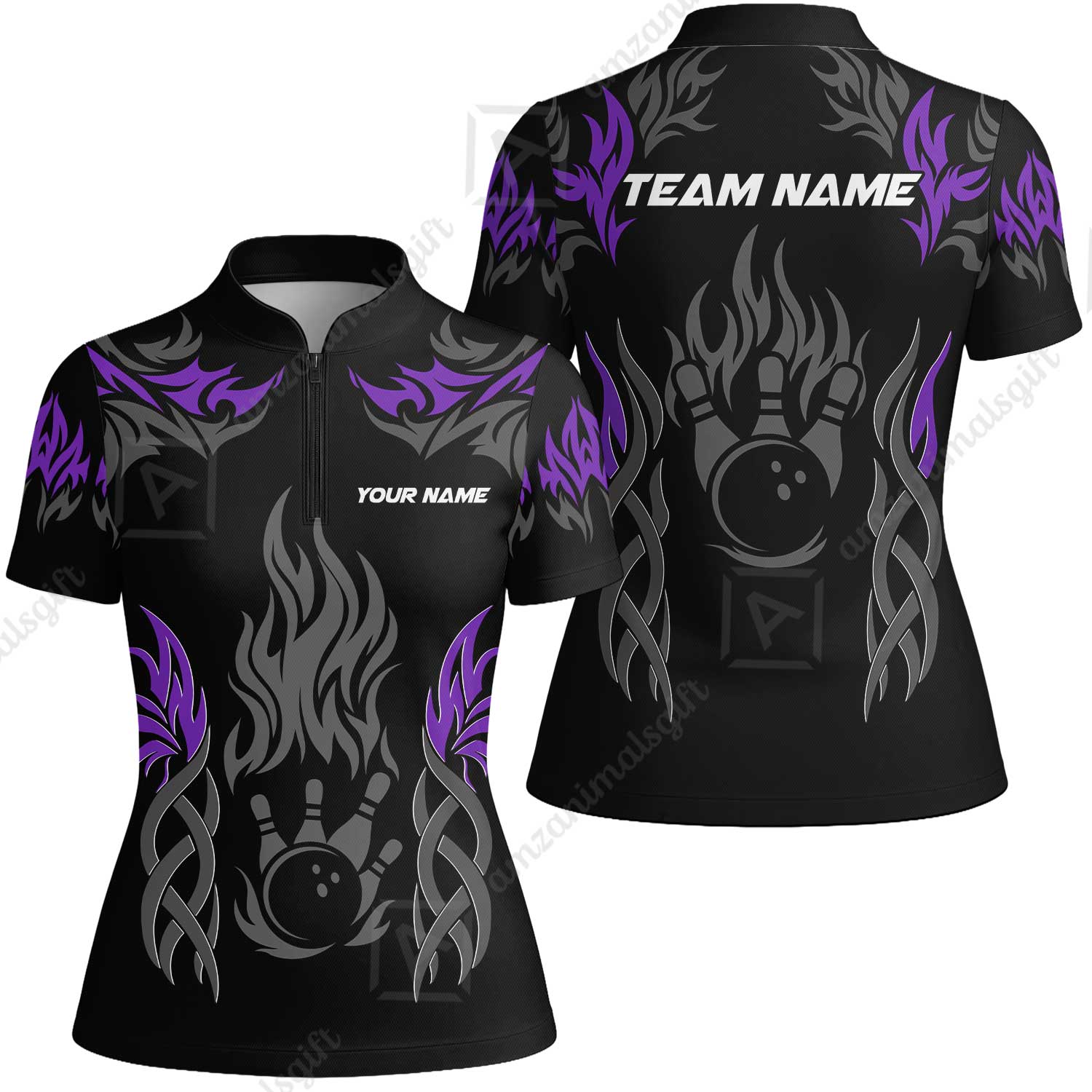Personalized Bowling Team Women Jersey Shirt, Tribal And Bowling Flame Multi Option Customized Polo Shirt - Black - Image 3