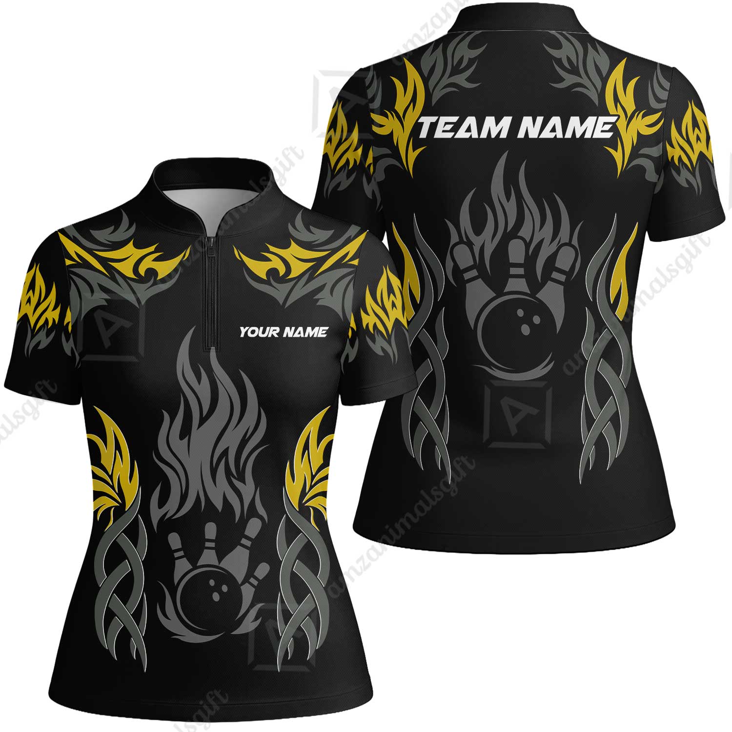 Personalized Bowling Team Women Jersey Shirt, Tribal And Bowling Flame Multi Option Customized Polo Shirt - Black - Image 4