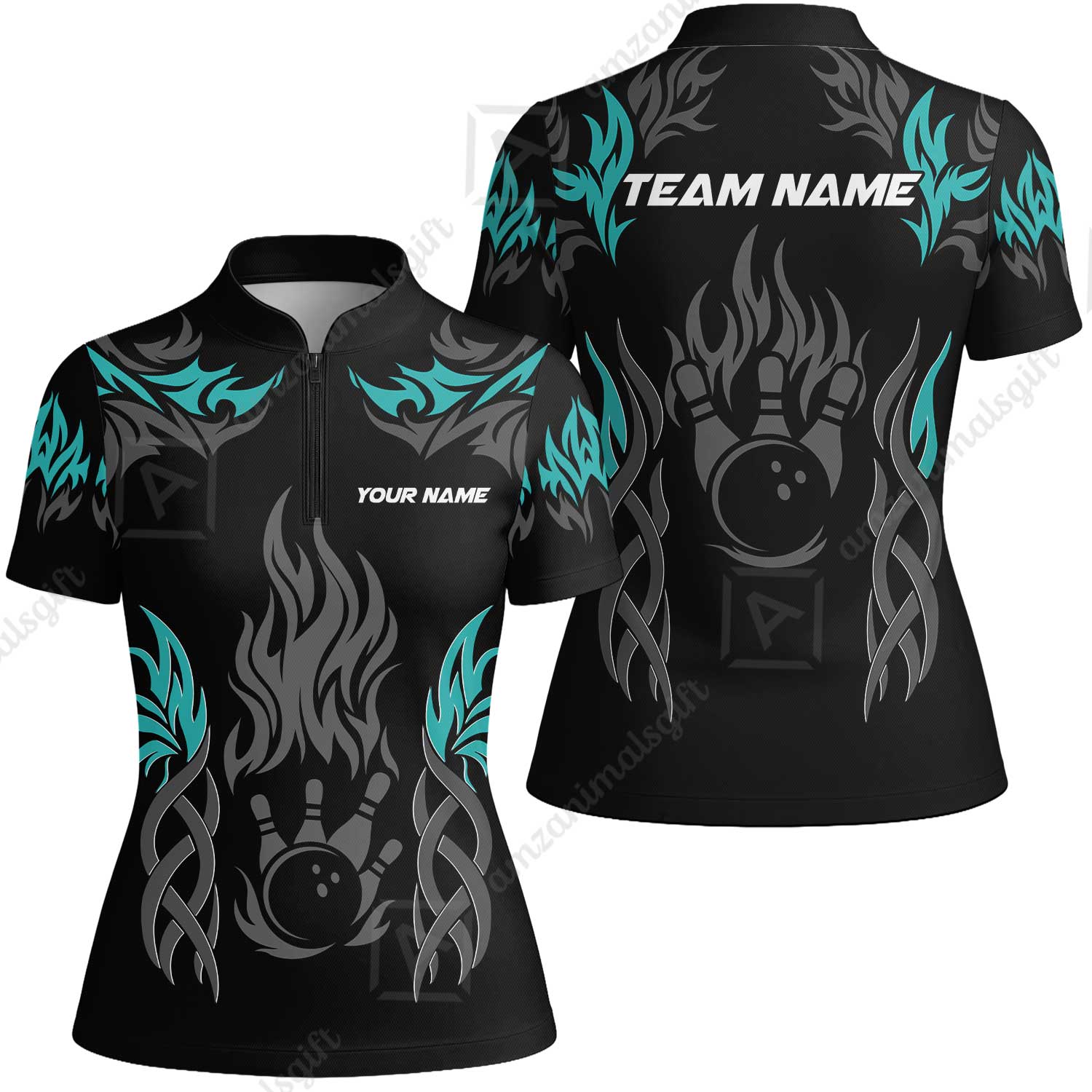 Personalized Bowling Team Women Jersey Shirt, Tribal And Bowling Flame Multi Option Customized Polo Shirt - Black - Image 5