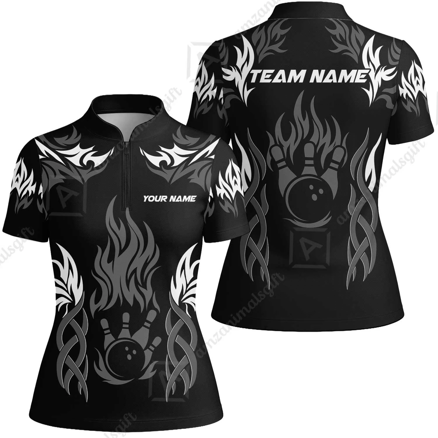 Personalized Bowling Team Women Jersey Shirt, Tribal And Bowling Flame Multi Option Customized Polo Shirt - Black - Image 6
