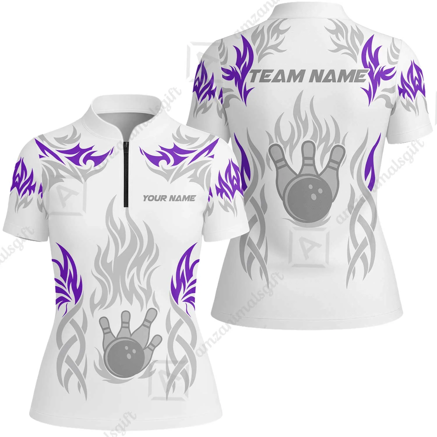 Personalized Bowling Team Women Jersey Shirt, Tribal And Bowling Flame Multi Option Customized Polo Shirt - White - Image 3