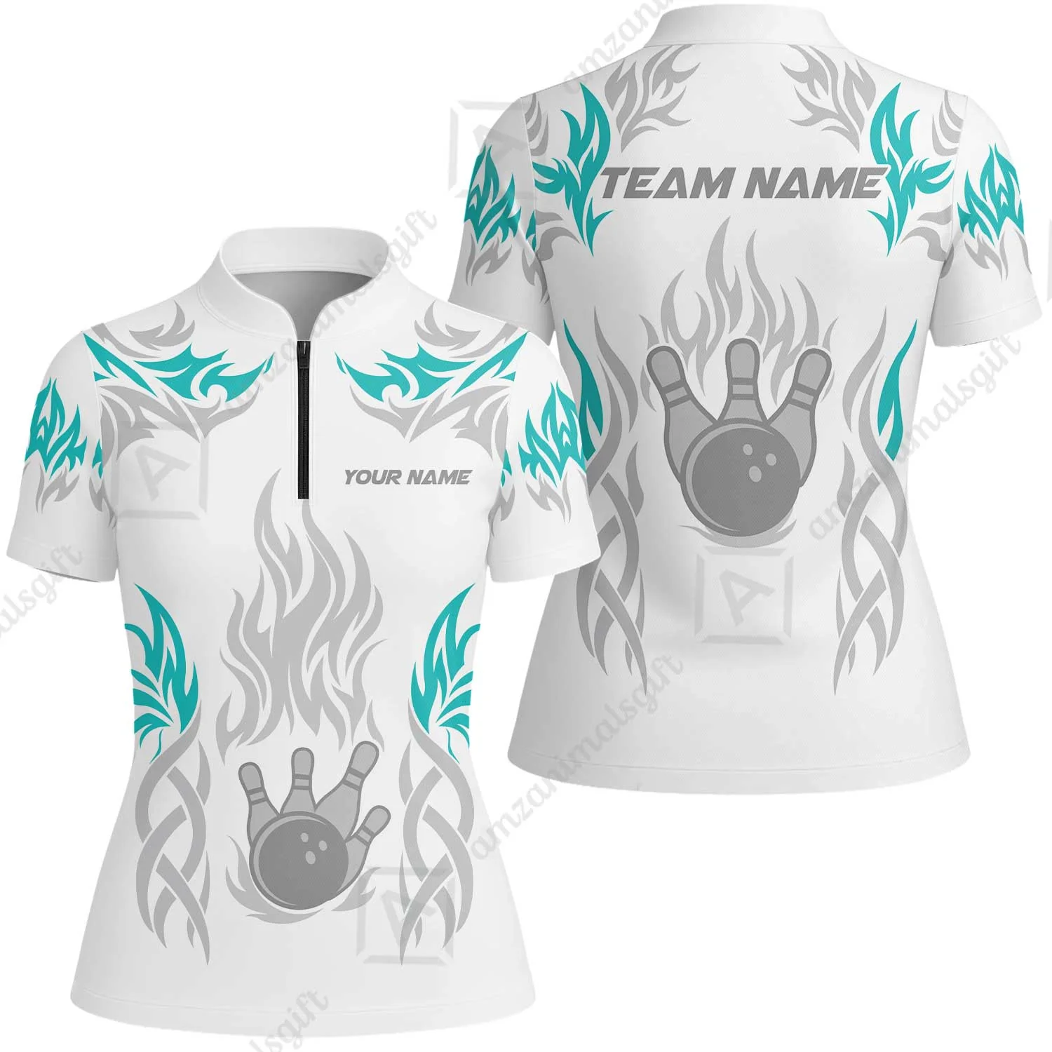 Personalized Bowling Team Women Jersey Shirt, Tribal And Bowling Flame Multi Option Customized Polo Shirt - White - Image 4