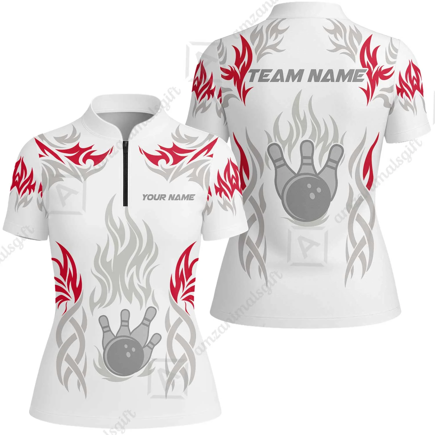 Personalized Bowling Team Women Jersey Shirt, Tribal And Bowling Flame Multi Option Customized Polo Shirt - White - Image 5