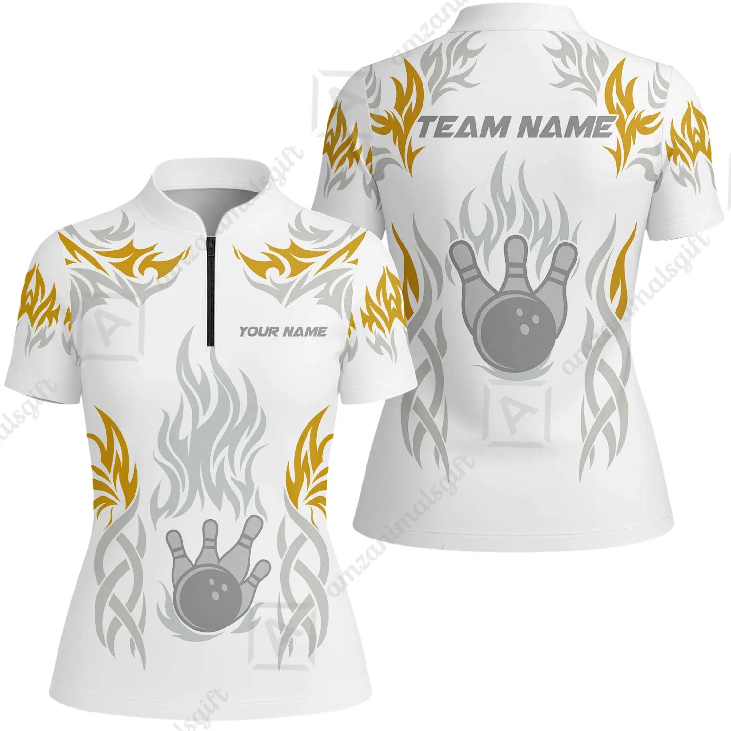 Personalized Bowling Team Women Jersey Shirt, Tribal And Bowling Flame Multi Option Customized Polo Shirt - White - Image 6