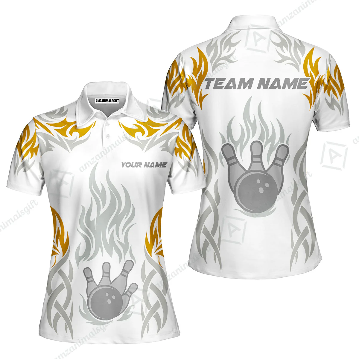Personalized Bowling Team Women Polo Shirt, Tribal And Bowling Flame Multi Option Customized Polo Shirt - White - Image 3