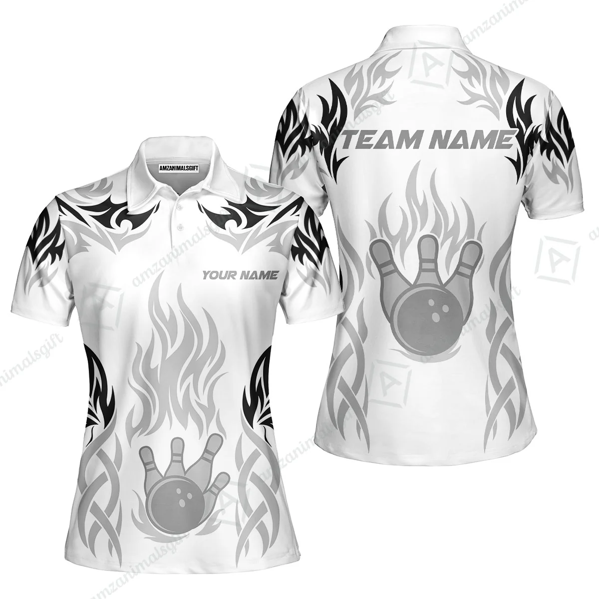 Personalized Bowling Team Women Polo Shirt, Tribal And Bowling Flame Multi Option Customized Polo Shirt - White - Image 4