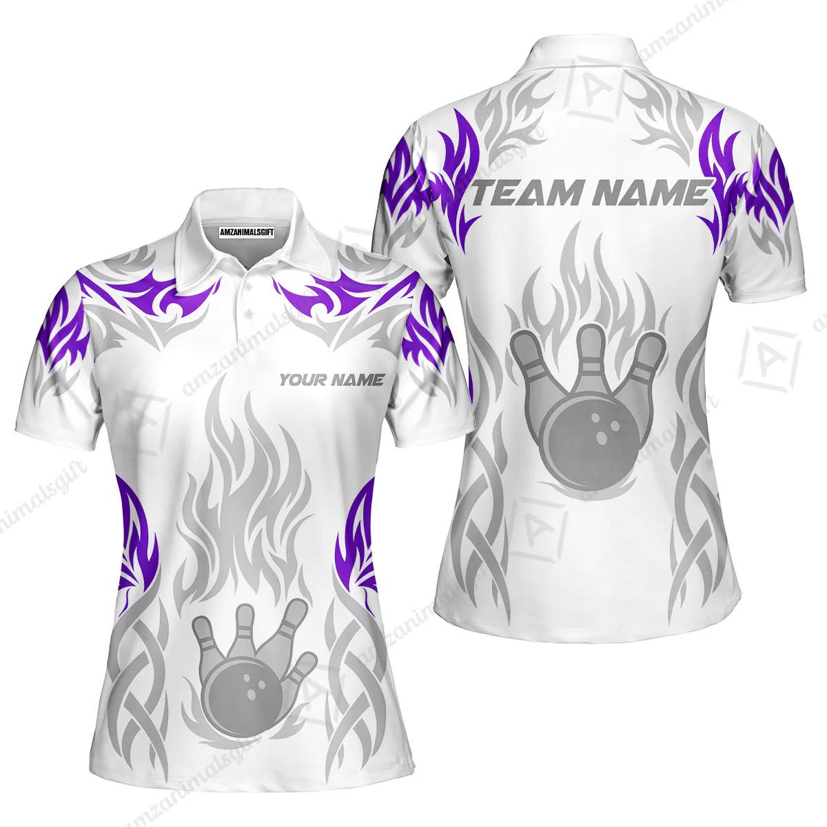 Personalized Bowling Team Women Polo Shirt, Tribal And Bowling Flame Multi Option Customized Polo Shirt - White - Image 6